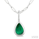 6x4 MM Bezel Set Pear Cut Emerald Precious Fashion Pendant With Paperclip Chain in 10K White Gold